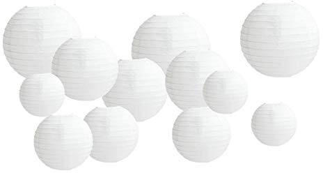 12 PCS Paper Lanterns, Round White Paper Lantern with Wire Ribbing, Different Sized White Lampshades, 6 8 10 12 Paper Lampshades for Weddings, Parties, Celebrations, Patios and Rooms
