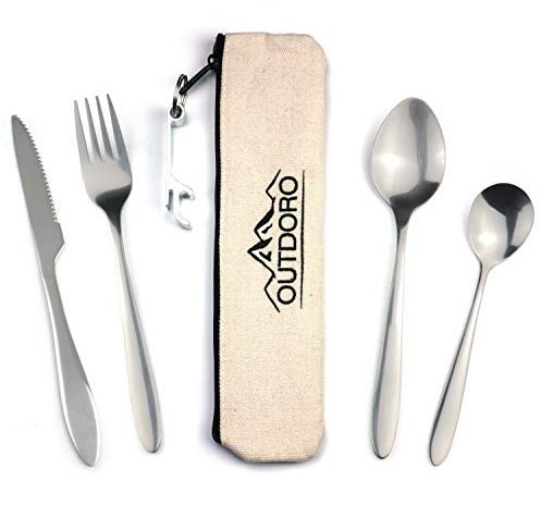 Outdoro Campingbesteck und Reisebesteck aus Edelstahl mit Baumwoll-Bestecktasche - Ideales Besteckset für Outdoor und Reisen