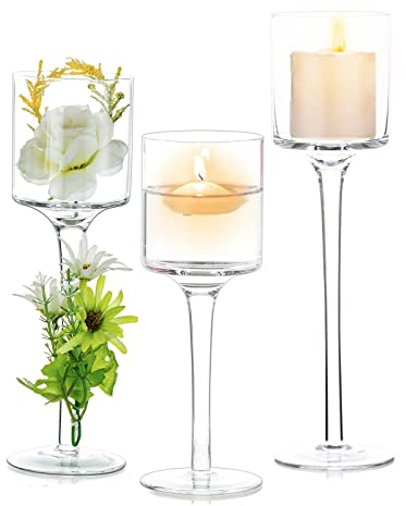 NUPTIO 1 Set Glaskerzenhalter für Stumpenkerze & Schwimmkerzen, Glas-Teelicht-Kerzenhalter Klare Tischkerzenhalter für Hochzeitsfeier Herzstück Weihnachten Halloween Wohnkultur