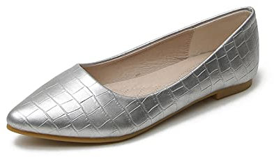 MACHSWON Women Shoes Ballet Flat Slip On Splicing Grid Ballet Pumps Slip On Ballerina Ladies Flats Shoes(Silver, Size 6)