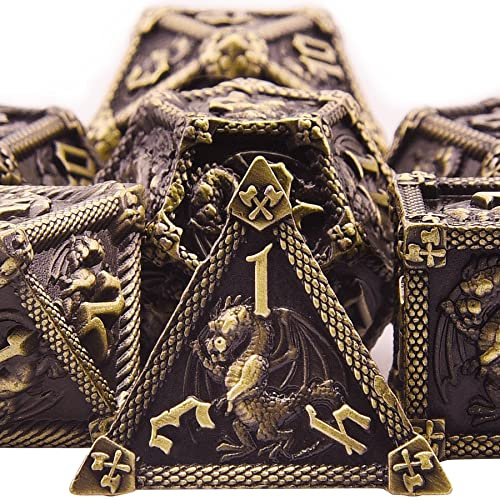 SIQUK 7-teiliges Metallwürfel für polyedrische DND-Würfel mit Box D20, D12, D10, D%, D8, D6, D4, Würfel-Set für Dungeons and Dragons, Rollenspiel, RPG, MTG, Brettspiele (Antik-Bronze)