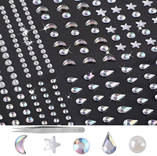 Glitzer Gesicht, 490 Stück Glitzersteine Selbstklebend, Verschiedene Formen Strasssteine Temporäre Tattoo, Schmucksteine Aufkleber Face Glitter mit Pinzette - für Nägel Deko, Festival Schminke