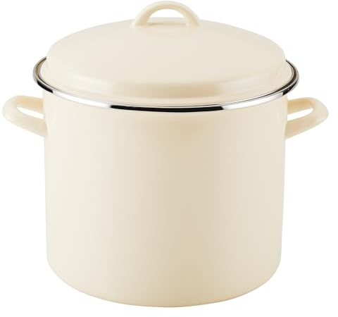 Rachael Ray Enamel on Steel Stockpot with Lid, Induction Suitable, 12 Quart, Almond Cream