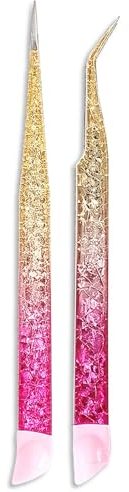 Ouligay 2 pinzas de doble extremo de acero inoxidable para pestañas, pinzas para decoración de uñas, pinzas rectas y curvas con puntas de silicona para pestañas, pinzas para uñas y diamantes de