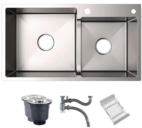 DECORN Lavello da Cucina a Doppia Vasca con Divisorio Basso Intelligente Lavello da Cucina con Montaggio Superiore Lavello da Cucina in Acciaio Inox con Rivestimento Nano, Argento,78x43cm