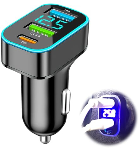 Billaddare USB C 66 W, cigarettändaradapter med 3 portar (QC3.0, PD 30 W, 2,4 A), integrerad LED-voltmeter, kompatibel med iPhone, Android, Samsung, surfplatta