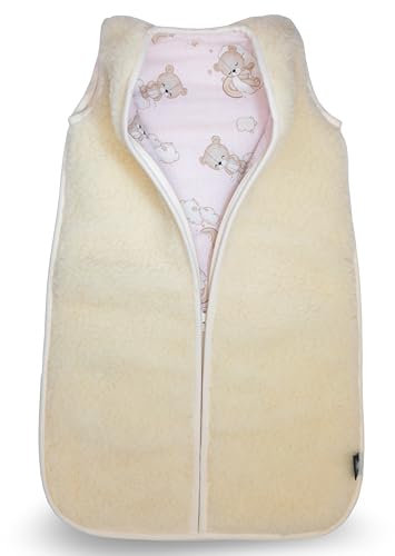 PinkZebra Winter Schlafsack Baby aus 100% Schurwolle, Länge 75 cm, Merinowolle Babyschlafsack warm mit Reißverschluss, Kinderschlafsack für Mädchen & Jungs Neugeborene, Teddy Bär Pink