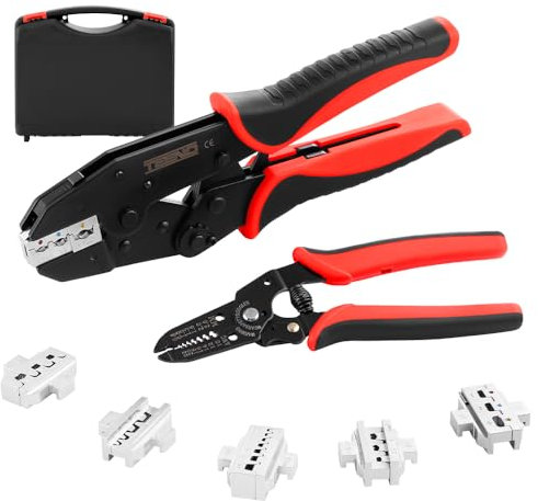 TEENO Jeu de 8 Pinces a Sertir,Jeu d'outils de Sertissage Multifonctionnel,Pince à Sertir à Cliquet Pour Cosses Thermorétractables, Connecteurs en Nylon, Cosses solaires, Cosses Pré-Isolées, etc.