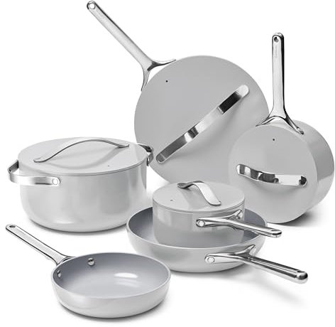 Caraway Deluxe Nonstick Ceramic Cookware Set (16 Piece) Pots, Frying Pans, Lids and Kitchen Storage - PFAS & PFOA Free - Oven Safe Ceramic Pan Set & Compatible with All Stovetops - Gray