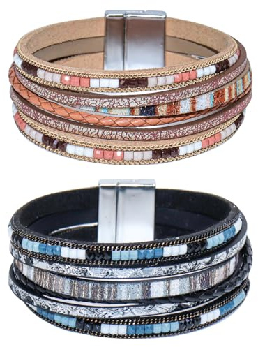 WQYILEAER Bracelets for Women, 2Pcs Leather Wrap Layer Bracelets Boho Rustic Multi-Layer Braided Bracelet Stack Bracelet for Women (Black Khaki)