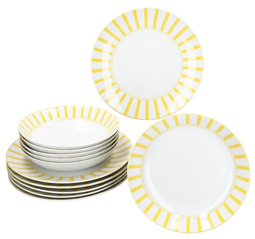 MamboCat Servizio da tavola Split giallo, 12 pezzi, stoviglie in porcellana bianca con strisce per 6 persone, 6 piatti fondi e 6 piatti piani per colazione, pranzo e pane cena
