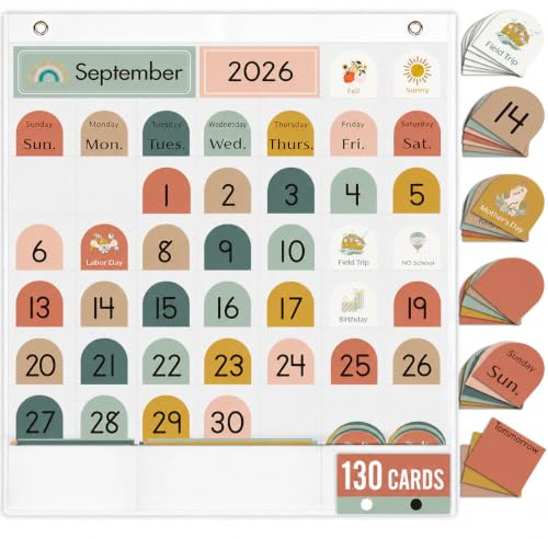Classroom Monthly Calendar Pocket Chart for Kids Learning, 130 Cards Wall Boho Calendar and Weather, Teacher Supplies for Kindergarten Preschool Elementary Homeschool