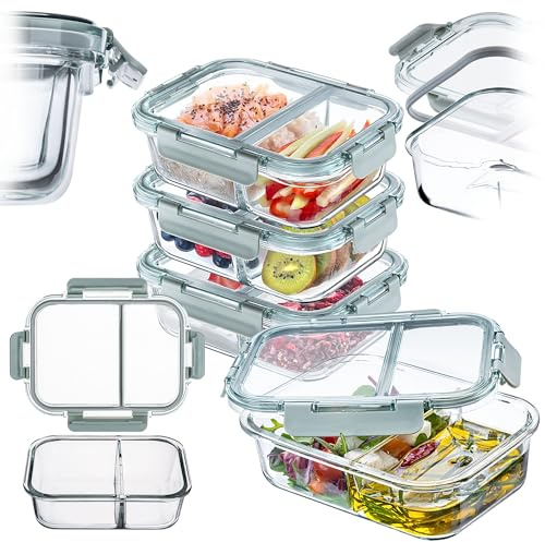 KADAX 4er Set Glas Frischhaltedosen mit Fächern (4x 1L), Vorratsdosen mit Deckel, luftdicht & auslaufsicher, Meal Prep Boxen, Vorratsbehälter für Küche & Gefrierschrank