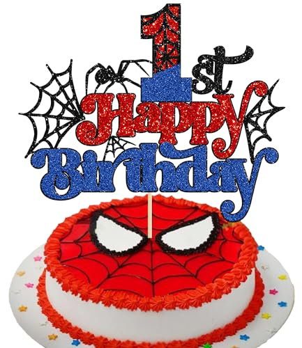 Gyufise 1Pcs Spider Happy 1st Birthday Cake Topper Red Blue Glitter Baby Shower Party Cake Decoration for Spider Themed Birthday Anniversary Party Supplies