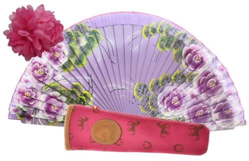 Planta Color Abanico de Madera con Flores Pintadas a Mano. Incluye una Funda para Proteger el Abanico. Pinza de Pelo con Diseño de Flor para Complementar tu estilo