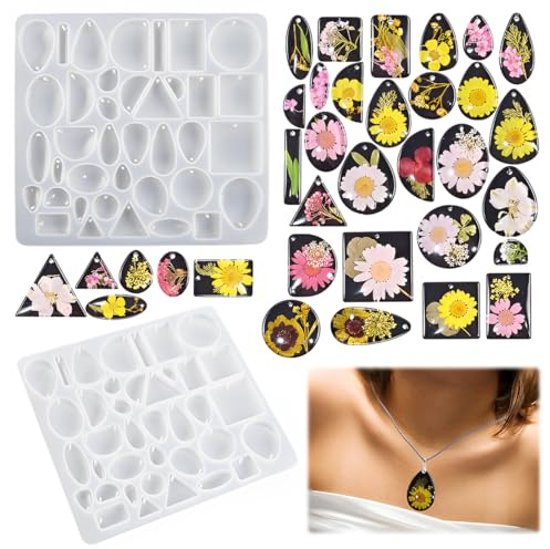 NOPKESV Juego de moldes de silicona para joyas, 1 pieza, resina epoxi y moldes para resina epoxi, 48 huecos, cordón y clip colgante, silicona de resina para colgantes, collar, joyas, decoración