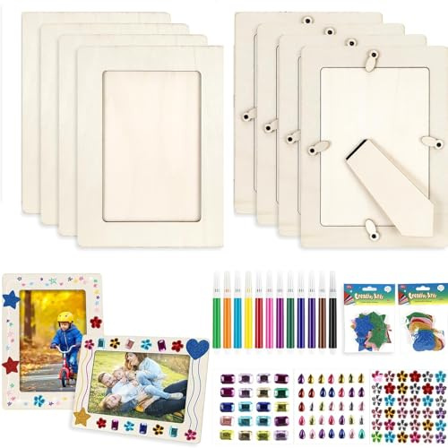 Juego de 8 Marco de Fotos de Madera,Diy Marcos de Foto Creativos Marcos Fotos Manualidades,Marco Foto para Decorar,Marcos VacíOs Diy con Pegatinas de Strass,Estrellas y Corazones,Pinceles de Colores