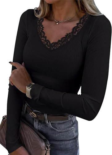 Chicrise Camiseta Mujer Encaje Escote en V Blusa Otoño Bodycon Manga Larga Termica Elegante Top Interiores Basicas Negro Grande 42-44 L