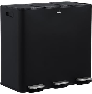 CASABEL Mülleimer Küche 60 L - Mülltrennsystem 3 x 20 L aus Rostfreiem Edelstahl, Rechteckiger Recycling-Abfalleimer mit Pedalen, Fingerabdruckschutz und Geruchsdicht, Schwarz