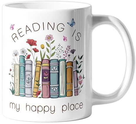 BelleFlair 11oz(325ml) Novelty Mug Gifts for Book Lovers, Cute Floral Book Cup for Women, Reading is My Happy Place Ceramic Teacup, Bookish Decor, Reader Birthday Present Coffee Mug Present