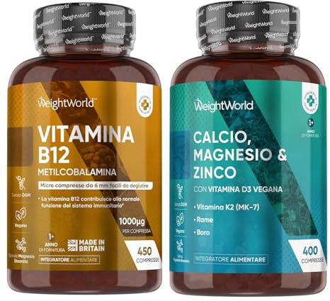 Vitamina B12 e Magnesio Zinco Calcio Bundle, 450 + 400 Compresse, 1 al Giorno Ciascuna (1+ Anno di Fornitura), Metilcobalamina 1000mcg, Calcio Magnesio Zinco Integratore con Rame e Selenio, Vegano