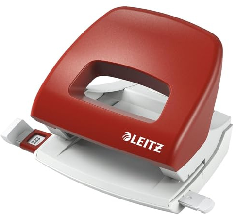 Leitz Kleiner Büro Locher aus Metall, 16 Blatt, Anschlagschiene mit Formatangaben, Ergonomisches Design, rot, 50380025
