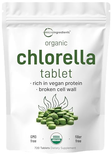 Organic Chlorella Tablets, 500mg Per Tablet, 720 Tabs (360 Grams), 4 Months Supply, Broken Cell Wall, Rich in Vegan Protein & Vitamins, No Filler, No Additives & Non-GMO | Pure Green Algae Superfood