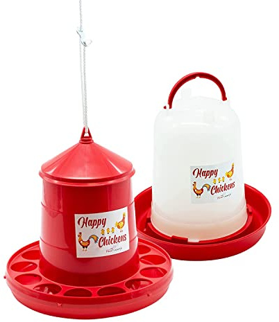 Pack Comedero 2kg y Bebedero 3L para Gallinas y Otras Aves de Corral - Plástico Resistente - Incluye Cuerda Cuelga-Tolvas - Incluye Guía Práctica de Alimentación de Las Gallinas