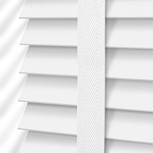 White Faux Wood Window Venetian Blind/Blinds - Easy Fit Child Safe Trimmable Shutters - 50MM Slats with Aluminium Headrail & Matching Facia (White, Width: 45cm / Length: 150cm)