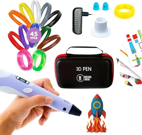 Penna 3D di Precisione – 3d Penna con 45 m di filamento PLA (15 colori), di cui 3 fluorescenti | Penna 3D con velocità regolabile per modellazione 3D, prototipi e fai-da-te. Con borsa per il trasporto