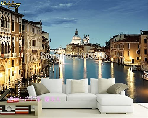 Carta da parati di sfondo della TV in rilievo di arenaria di loto senza cuciture di notte di Venezia Carta da parati personalizzata murales * 300 cm x 210 cm (118,1 x 82,7 pollici)