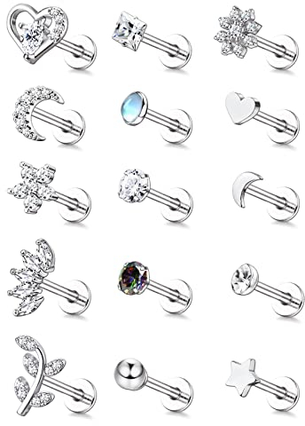 MILACOLATO 16G Piercing Ohr Ohrstecker Für Damen Edelstahl Opal Stern Perle Flache Rückseite Tragus Ohrringe Klein Silber, CZ Blume Piercing Labret Lippensteg Lappen Nase Ohrpiercing Schmuck 15Stück