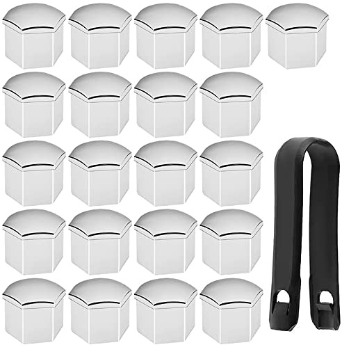 GUUZI Lot de 21 Couvercles de Décoration de Boulon d'écrou de Roue 19mm, Couvercle Argenté pour Vis de Moyeu, Capuchon de Protection de Pneu, Capuchons de Boulon avec Outils de Démontage