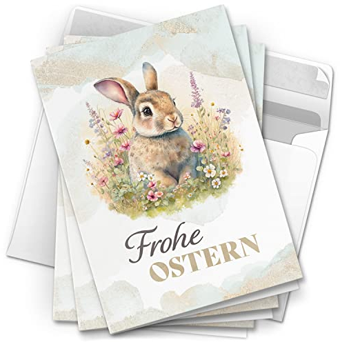 10 Osterkarten Grußkarten Set zu Ostern - Niedlicher Osterhase auf Wiese Frohe Ostern - moderne Vintage Oster Grußkarten Klappkarten mit Umschlag