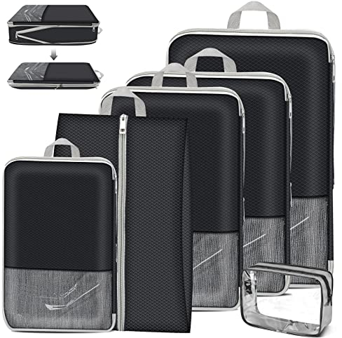 Yotako Koffer Organizer Kompression, Compression Packing Cubes Kompression Packwürfel Set, Wasserdichte Packtaschen Kompression mit Schuhtasche & Kosmetik Organizer für Koffer Rucksack Reisen