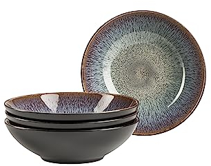 MÄSER 935130 Serie Teona, 4er Suppenteller Set mit grün-brauner Reaktivglasur, 4 große tiefe Teller für Pasta und Suppen aus Keramik in modern dezenter Coupe-Form, Steinzeug
