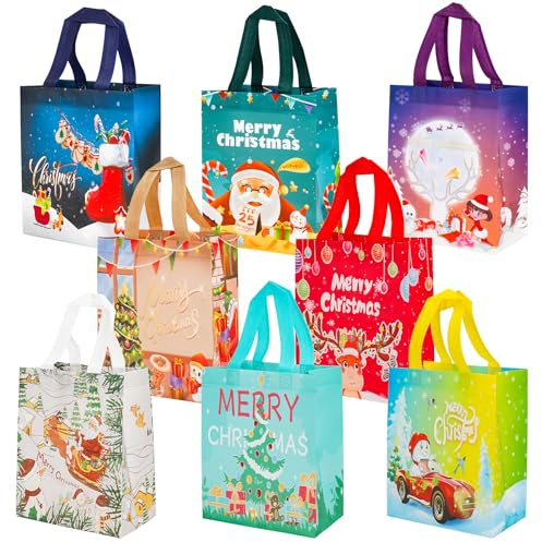 Borse di Natale Tote Gift Bags, 8 pezzi di borse di Natale con manico, piccola borsa regalo riutilizzabile in tessuto non tessuto per feste, borsa regalo per bomboniere natalizie (21 * 26 * 12 cm)