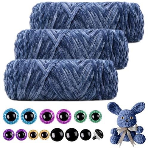 Mngevcy 3 x 150 m Chenille Wolle zum Häkeln, Flauschige Wolle, Weiche Chenille Garn mit 14 Sicherheitsaugen für Stricken (Jeansblau)