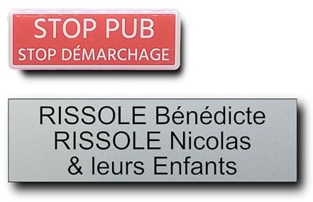 Plaque boite aux lettres personnalisable - 12x3,5 cm - 1 à 3 lignes - Stop Pub en Relief - Etiquette pour boite aux lettres, Nom personnalisable, plaque gravée en PVC, autocollante (Argent)