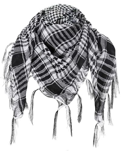 TUONYIS Shemagh Foulard Mixte Foulard Écharpe Militaire Keffieh Chic et Souple Écharpe, Shemagh Tactique Désert Keffiyeh avec Tassel pour Homme et Femme Taille unique (Noir+Blanc)