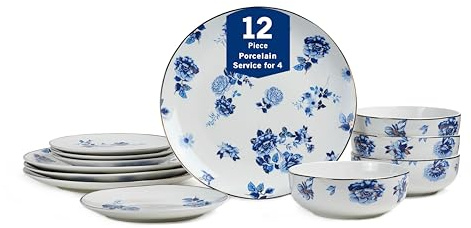 Stone Lain Viola 12-Piece Dinnerware Set Porcelain, Plates and Bowls Set, Dish Set for 4, Microwave and dishwasher Safe, Blue