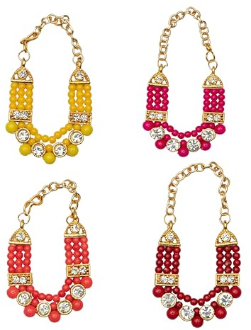 Set med 4 Motiv Mala för Laddu Gopal/Devi Maa/Radha Krishna/Indisk traditionell Gud Gudinna Haar Sring Set Gudomar Smycken Janmashtami All God Idol Staty (Storlek: - 2,5 cm) (röd, rosa, orange gul)