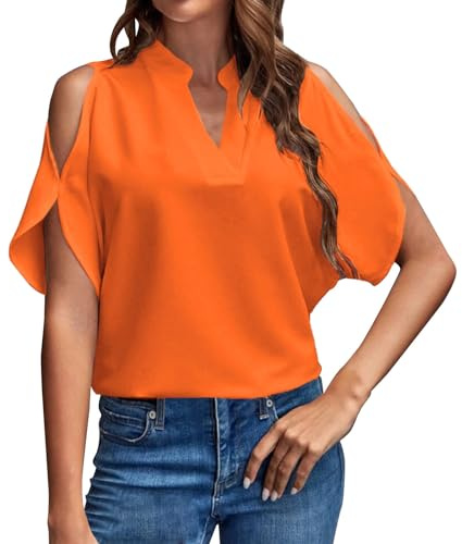 Cocila T Shirts Ample en Mousseline De Soie Couleur Unie Col V éPaules DéNudéEs pour Femmes Cuissardes Chaussettes Chemisier Dentelle Femme Chemisier Lin Blanc Femme Haut Ete Grande Taille