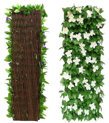 Pantalla artificial para valla de 30 x 150 cm, mosquitera de privacidad para jardín, enrejado expandible de hojas verdes sintéticas, valla de jardín expandible con hiedra artificial y flores violetas