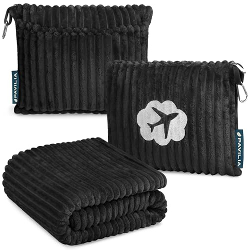 PAVILIA Coperta da viaggio, set di coperte per aeroplano in borsa morbida con tasche, coperta per aereo, compatta, cuscino essenziale per il volo, accessori da viaggio, idea regalo, cinghia per