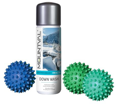Mountval Kit de lavage pour doudounes, sacs de couchage et équipement de plein air, lessive douce pour duvet avec boules de séchage, nettoyant idéal pour duvet et isolants – 300 ml