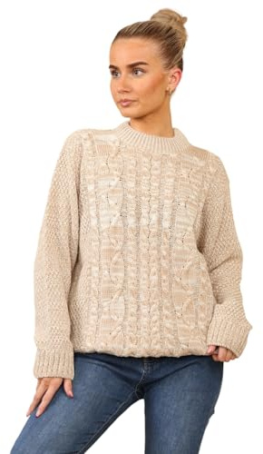 Stylo Online Ladies Cable Knit Jumper – Women Chunky Knitted Crew Neck Oversized Vintage Pullover Sweater Long Sleeve | Warm Winter Casual Top -UK Made-(Beige Medium-Large)