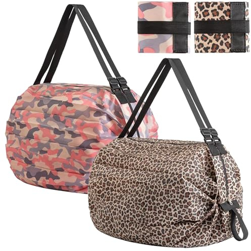 ZenyTra 2er-Set Faltbare Einkaufstaschen | Pink Camo & Leopardenmuster Design | Wiederverwendbare Nanobag Alternative Aus Oxford-Stoff | Für Fitness, Reise & Shopping