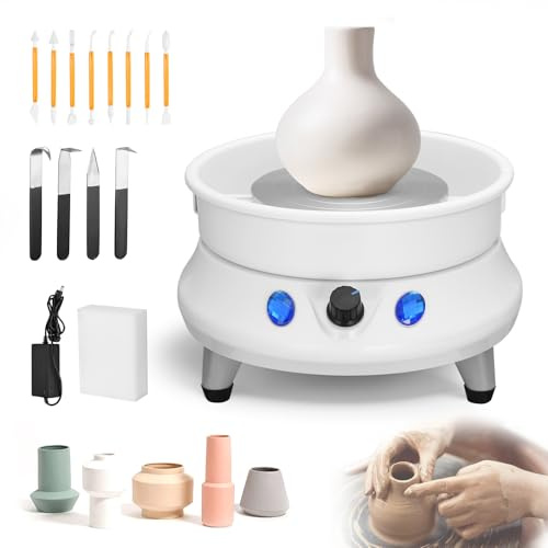 Ruota per Ceramica Elettric, Couleeur 15CM Velocità Regolabile da 0 a 200giri/min Tornio per Ceramica, Ruota di Ceramica con Vasca Staccabile e 11 Utensili per Modellare per Uso Domestico