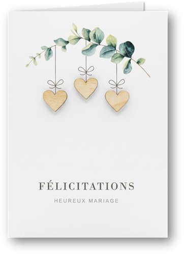 OVELINE Carte Mariage Originale - Premium Made In France - enveloppe incluse - coeurs en bois - Format carnet A6 (Eucalyptus)